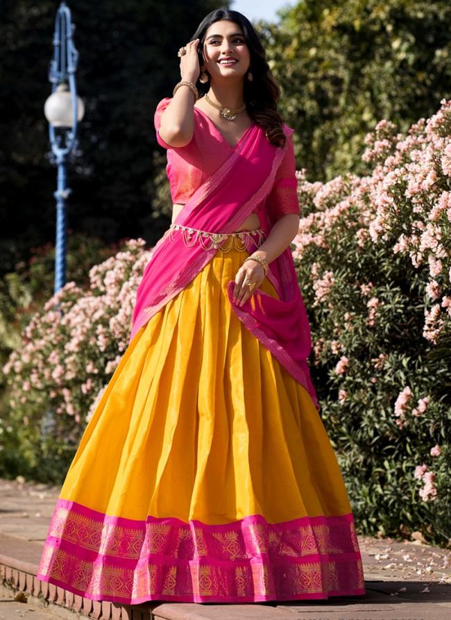 Kanchipuram Mustard Traditional Wear Weaving Lehenga Choli